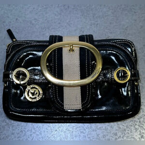 Juicy Couture Black and Gold Wristlet with Tan Stripe